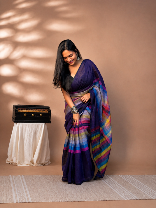 Purple Linen Madras Checks Inspired Saree