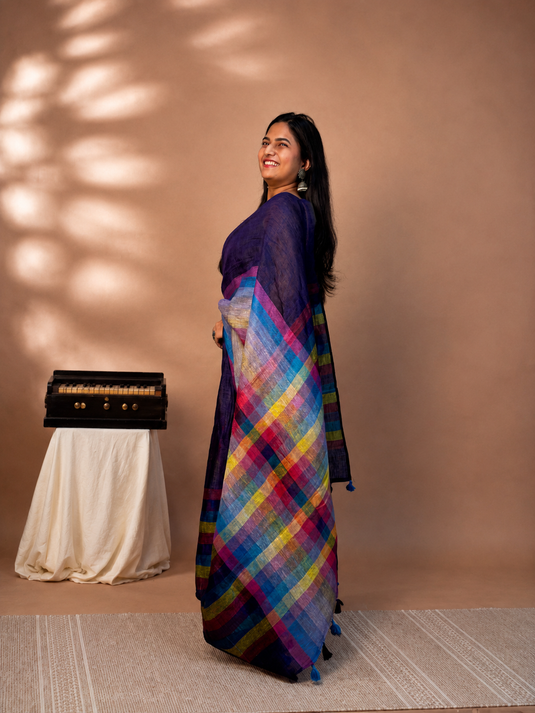 Purple Linen Madras Checks Inspired Saree