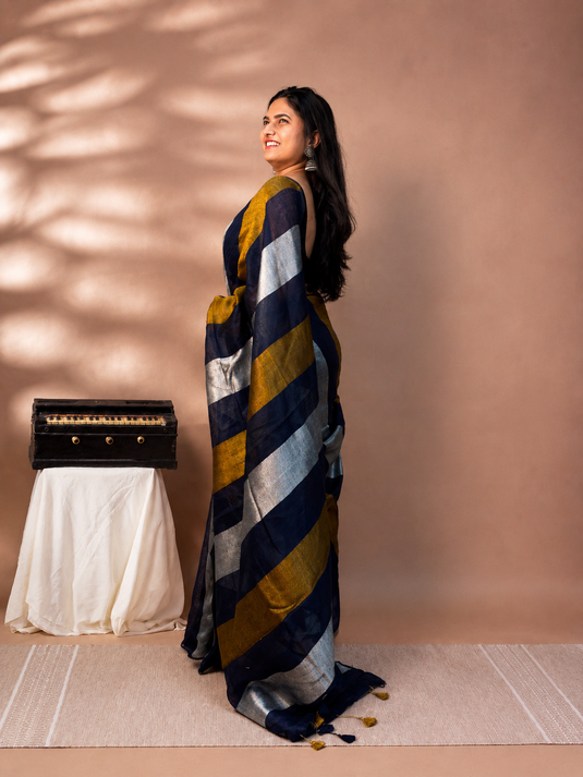 Black Linen Striped Saree