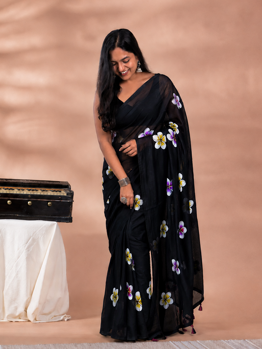 Black Cotton Hand Painted Saree