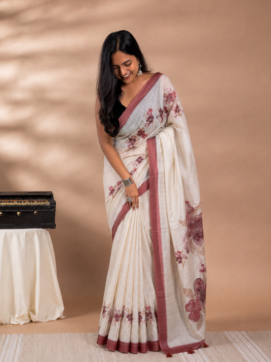Beige Tussar Silk Printed Saree