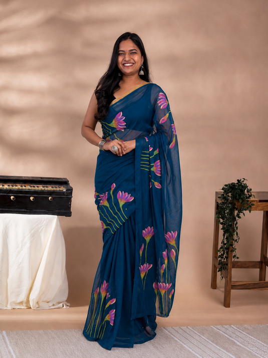 Blue Cotton Hand Painted Saree