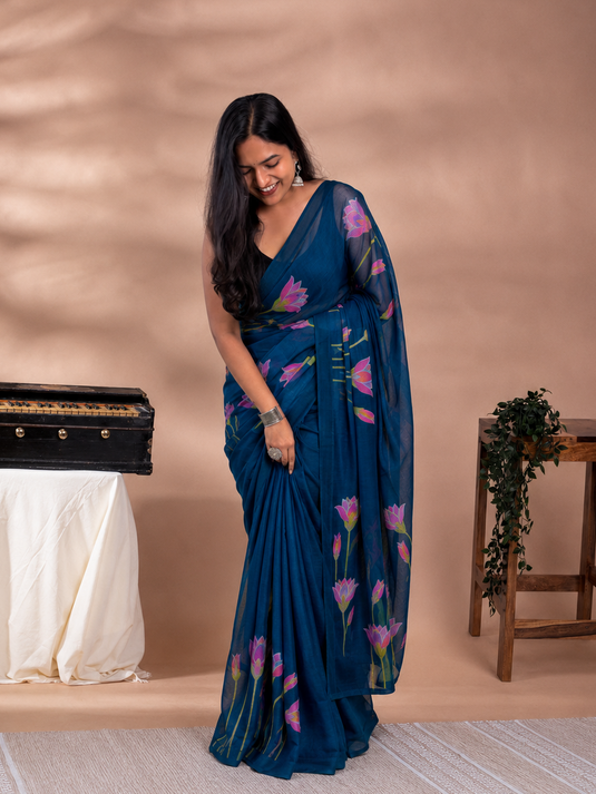 Blue Cotton Hand Painted Saree