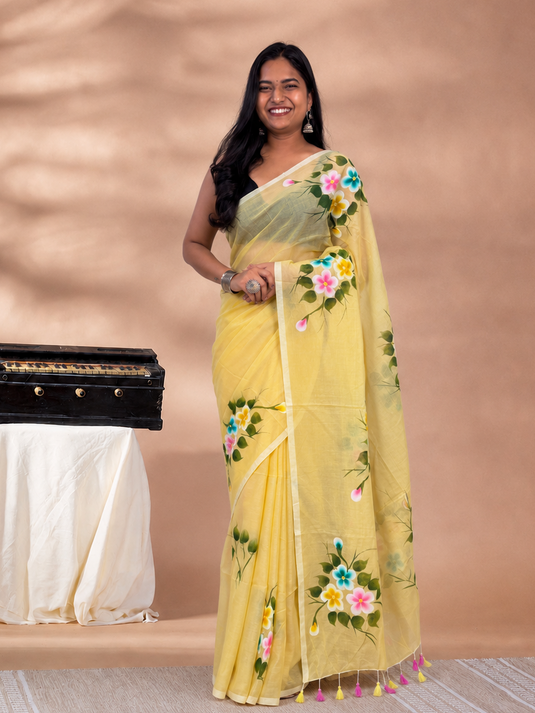 Yellow Cotton Hand Painted Saree