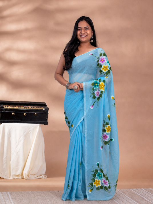 Blue Cotton Hand Painted Saree