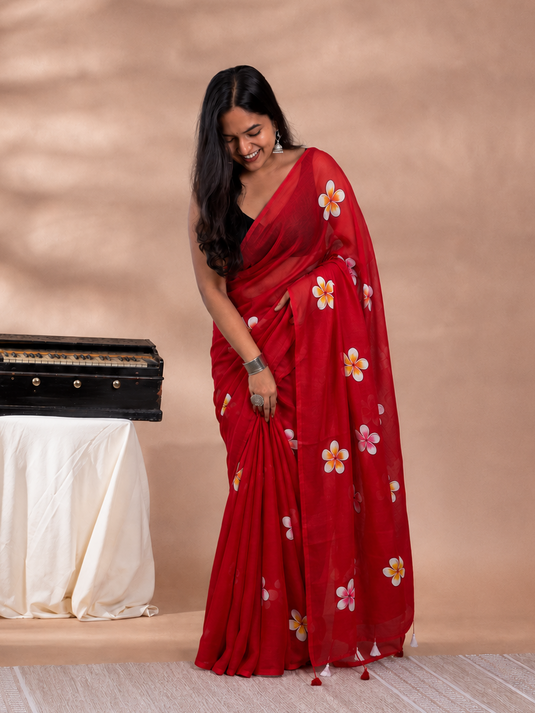 Red Cotton Hand Painted Saree