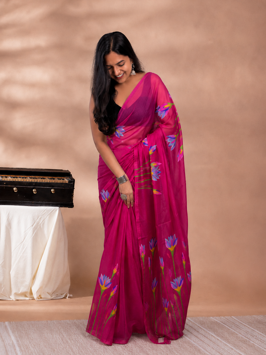 Pink Cotton Hand Painted Saree