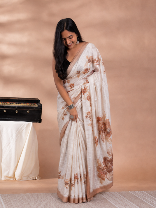 Beige Tussar Silk Printed Saree
