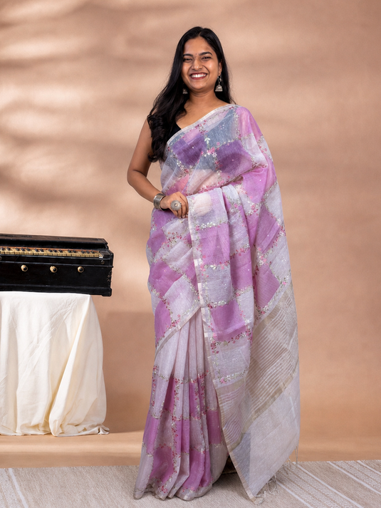 Pink Linen Tissue Embroidered saree