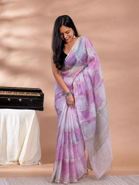Pink Linen Tissue Embroidered saree
