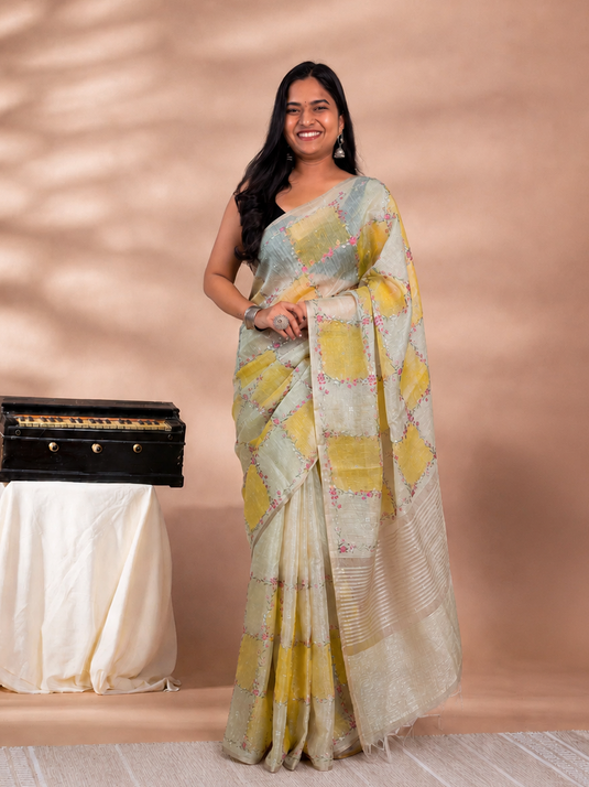 Yellow Linen Tissue Embroidered saree