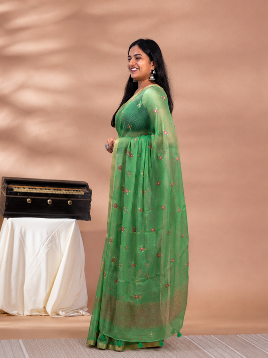 Green Linen Thread Work Embroidery Saree
