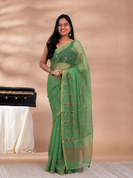 Green Linen Thread Work Embroidery Saree