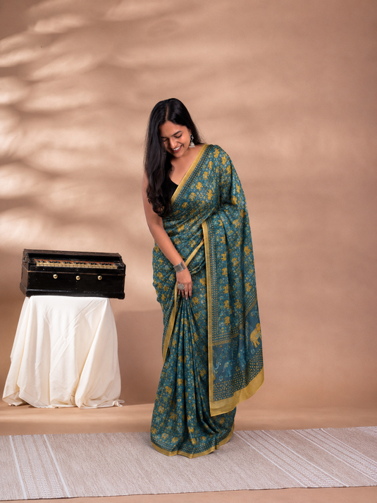 Blue Cotton Printed Saree