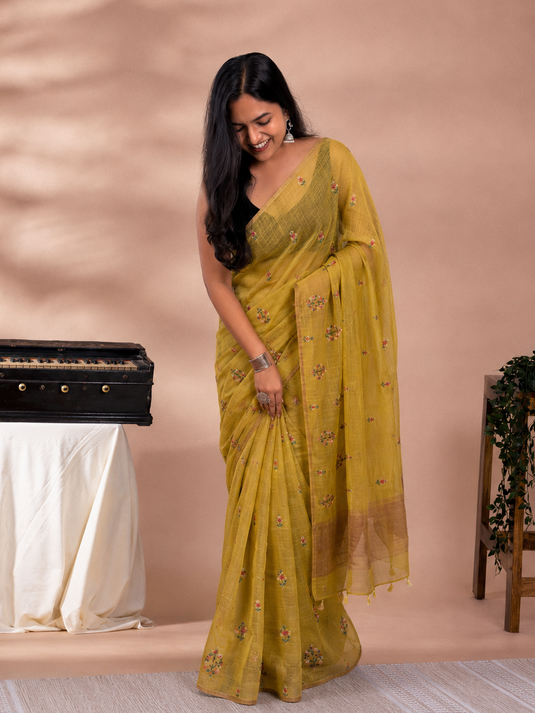 Yellow Linen Thread Work Embroidery Saree