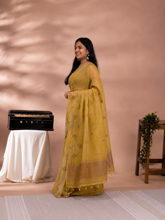 Yellow Linen Thread Work Embroidery Saree