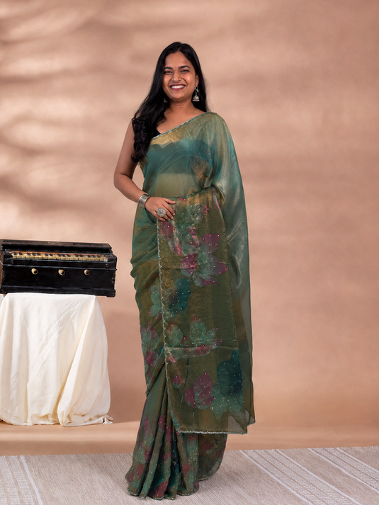 Green Satin Tissue Embroidered Saree