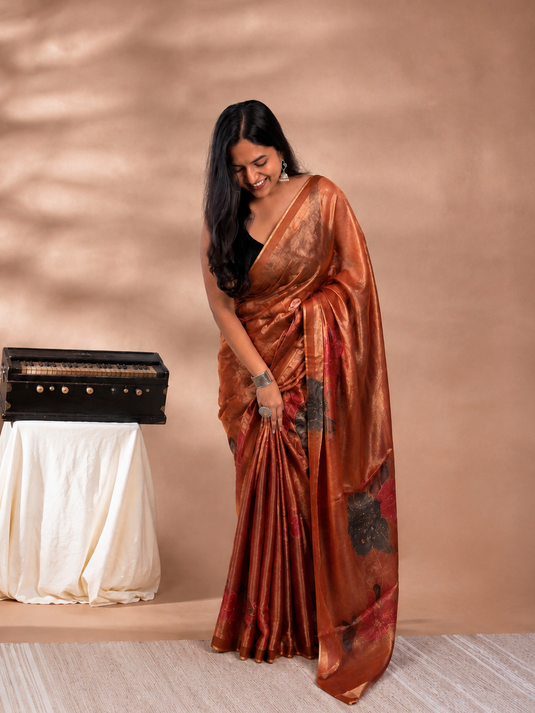 Orange Satin Tissue Embroidered Saree