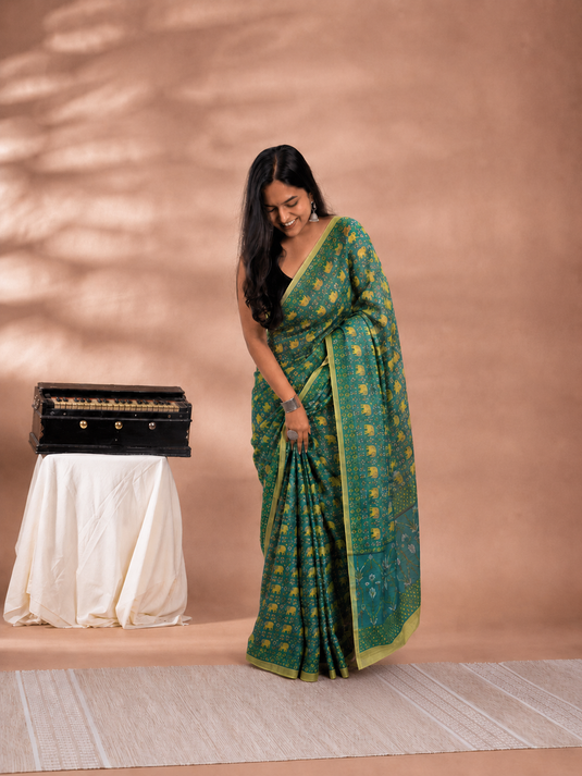 Green Cotton Printed Saree