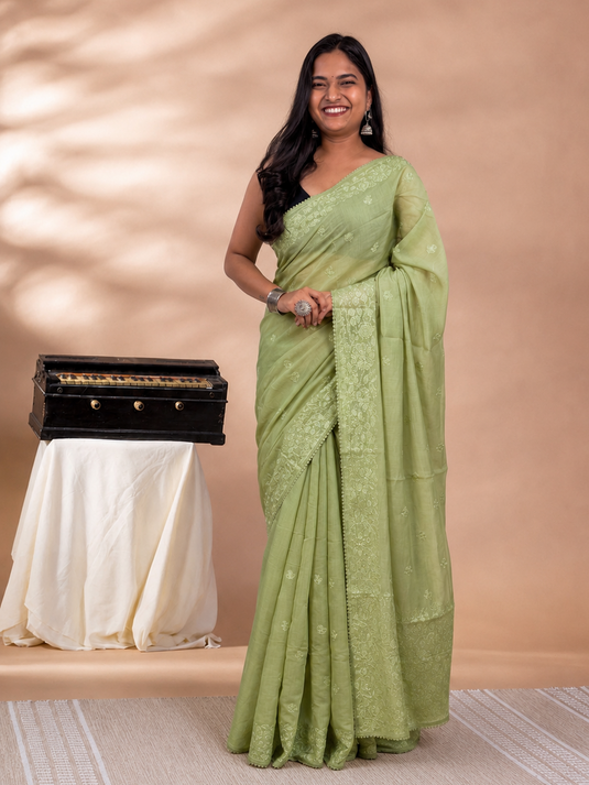 Green Mul Chaderi Embroidery Saree