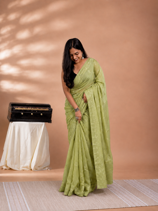 Green Mul Chaderi Embroidery Saree