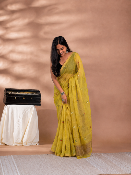 Yellow Linen Embroidered Saree