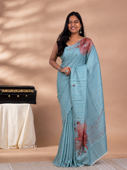 Blue Tussar Printed Saree