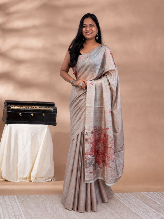 Peach Tussar Printed Saree