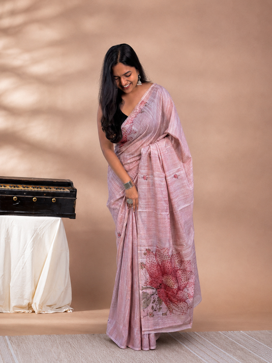 Pink Tussar Printed Saree