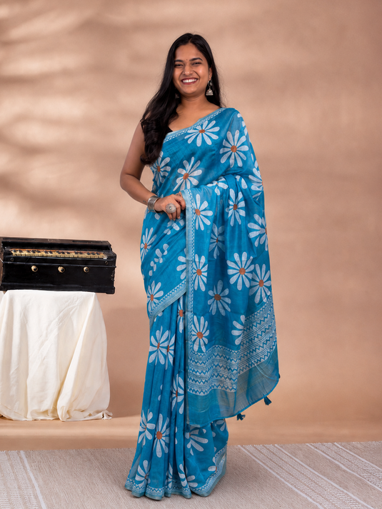 Blue Cotton Printed Saree
