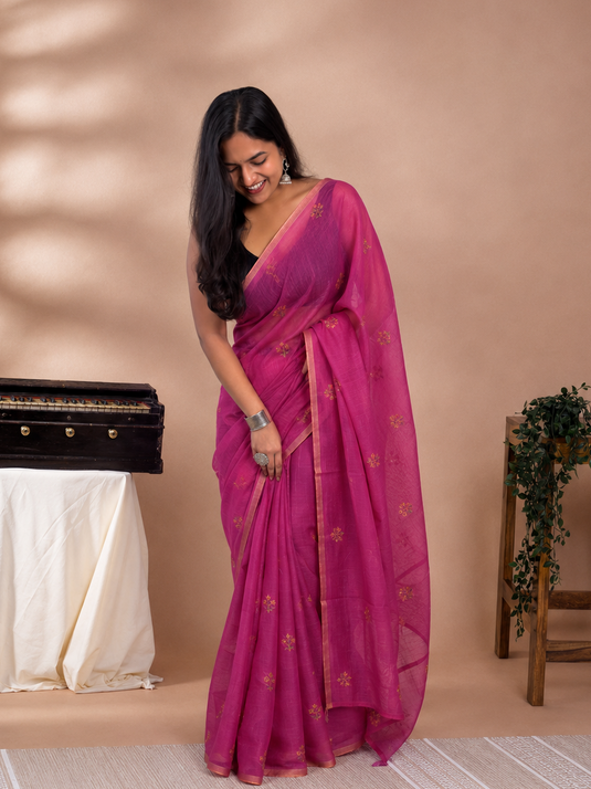 Pink Linen Embroidered Saree