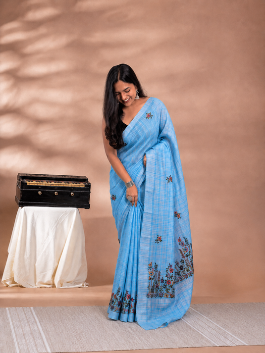 Blue Linen Embroidered Saree