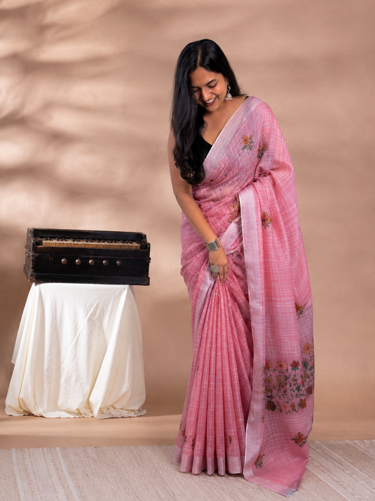 Pink Linen Embroidered Saree