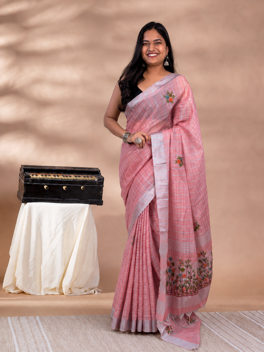 Pink Linen Embroidered Saree