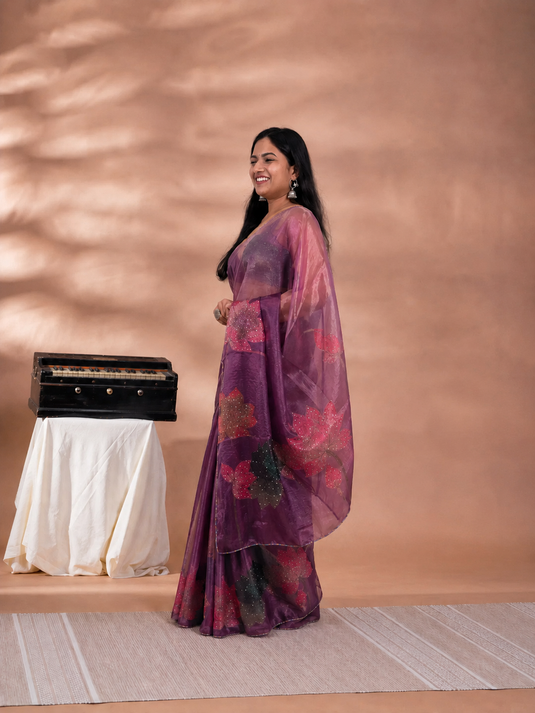 Purple Satin Tissue Embroidered Saree