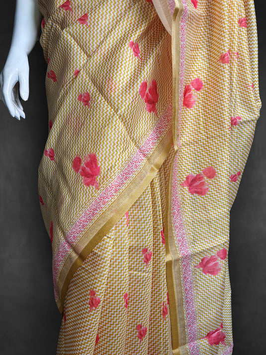 Yellow Cotton Printed Saree