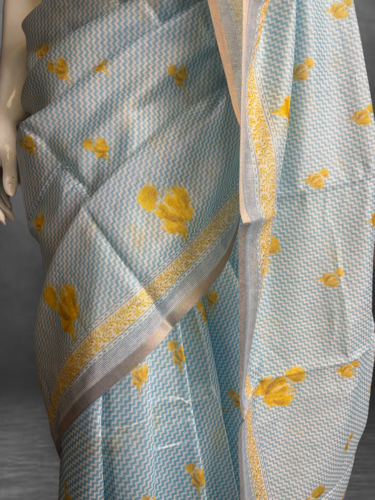 Blue Cotton Printed Saree