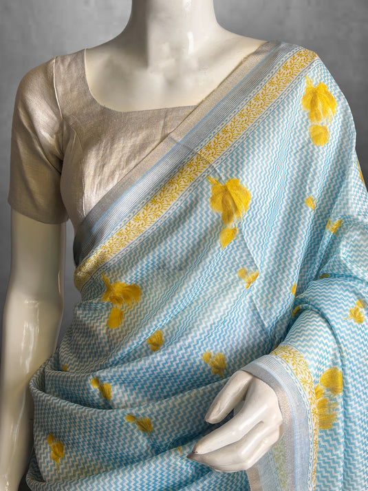 Blue Cotton Printed Saree