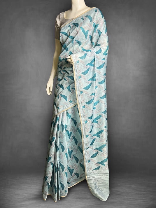 Blue Cotton Printed Saree