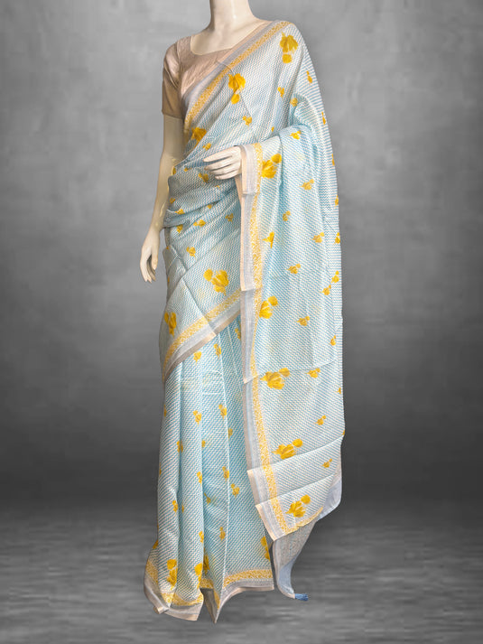 Blue Cotton Printed Saree