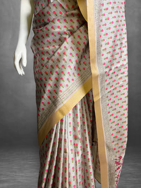 Grey Tussar Printed Saree