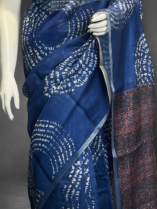 Blue Cotton Printed Saree
