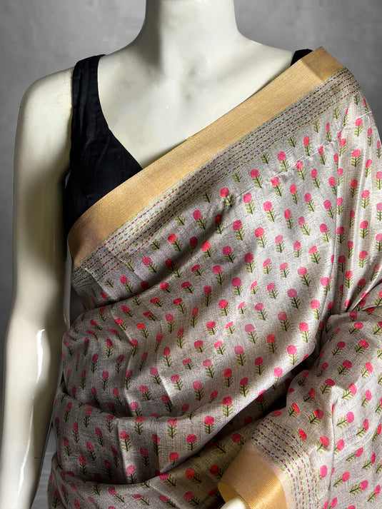 Grey Tussar Printed Saree
