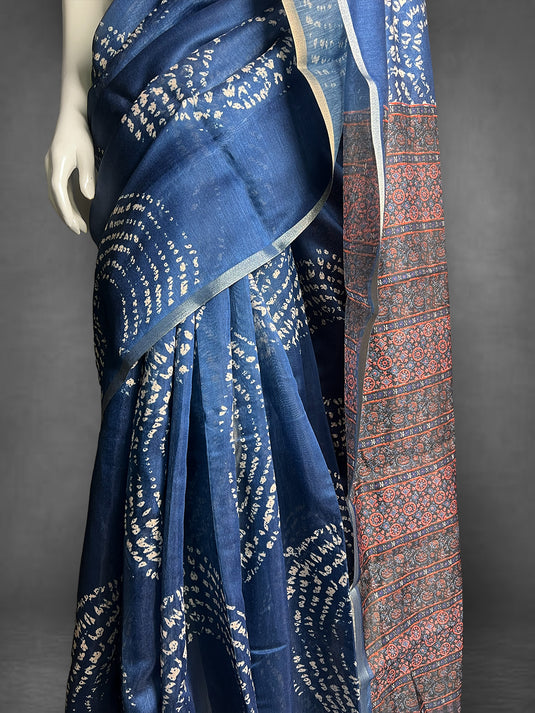 Blue Cotton Printed Saree
