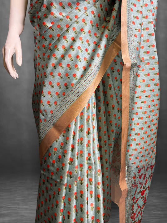 Light Blue Tussar Printed Saree