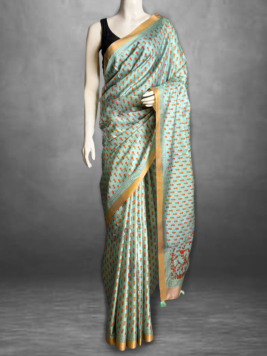 Light Blue Tussar Printed Saree