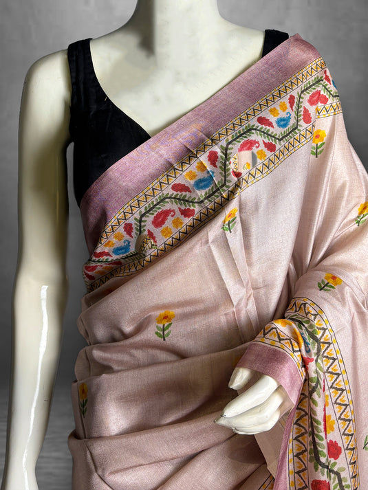 Pink Tussar Printed Saree