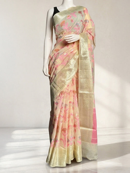 Off white Chiniya Cotton Resham Woven Saree