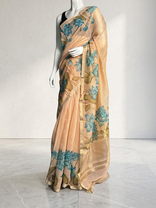 Beige Linen Printed saree