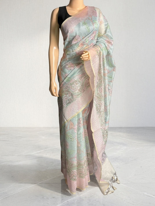 Blue Cotton Printed Saree